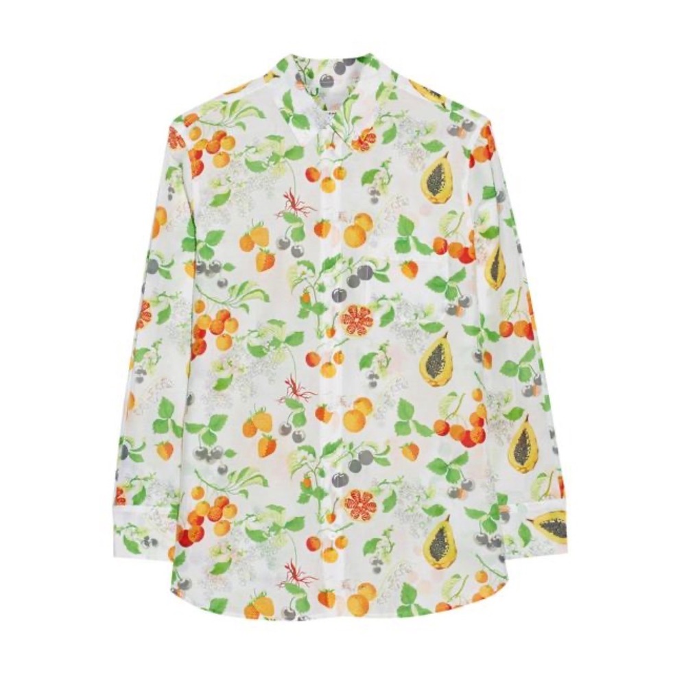 Equipment Femme Cotton Silk Fruit Print Button Down Shirt XS White Papaya